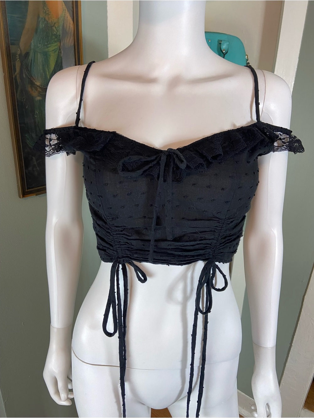 Vrg Grl Black Lace Trim Off Shoulder Crop Top Clip Dot Drawstring Tie Blouse XS